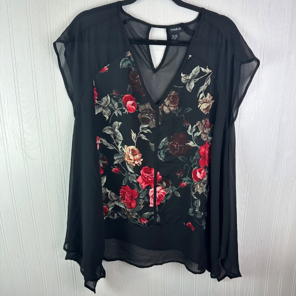 Torrid Black blouse sheer with red floral pattern size 00 or medium